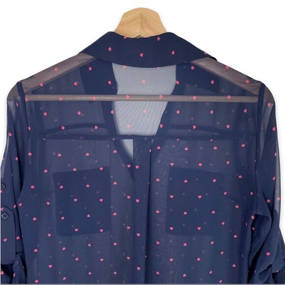 Express Portofino Shirt Semi Sheer Navy Heart Print Button Down - Picture 7 of 8